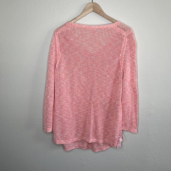 Talbots women’s large tasseled Pink open Knit V-Neck Pullover Sweater - Picture 8 of 10